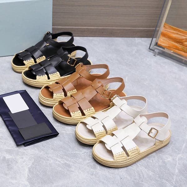 Mirror Quality Fisherman Espadrille Sandals Designer Women Shoes Raffia Sandales Slipper Brown Leather Mules 1035