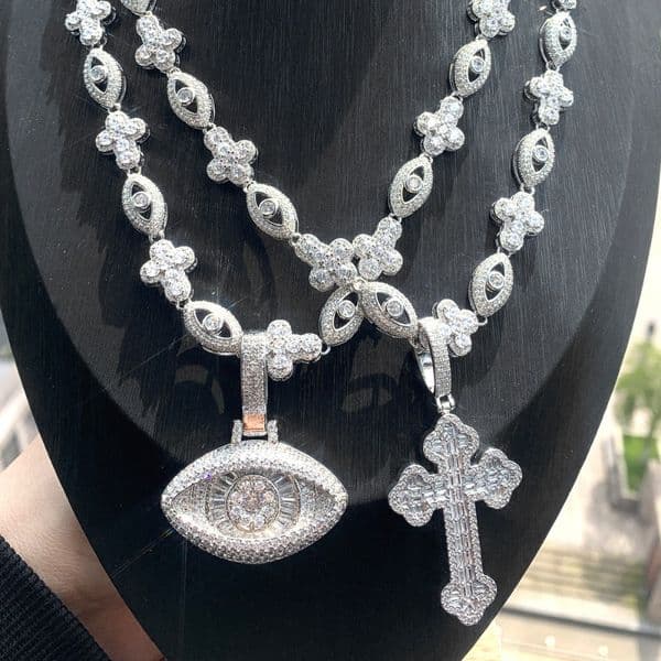 Men's Hip Hop Punk Iced Out Cross Eye Pendant Necklace Cubic Zirconia Full Diamond Chain