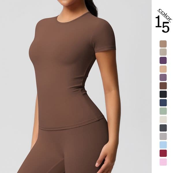 Solid color double-sided brushed tight short-sleeved T-shirt sports running fitness yoga wear top for A-1266 women set