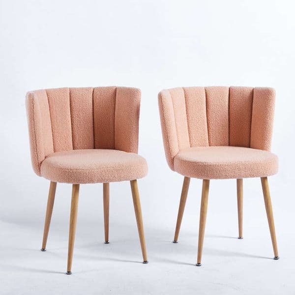 Modern beige chairset of 2 with iron tube wood color legs, shorthair cushions and comfortable backrest, suitable for dining living room, cafe, simple structure. 2004