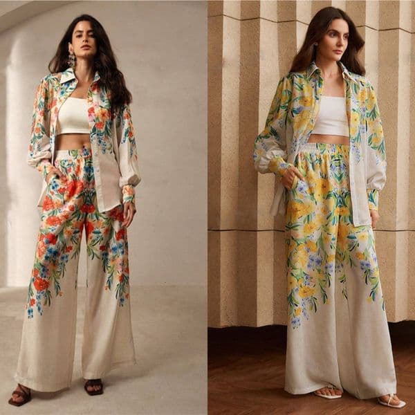 Women Two Piece Pants Outfits Fashion Floral Printed Long Sleeve Lapel Neck Shirt Top Holiday Leisure Vacation Beach Clothes Sets
