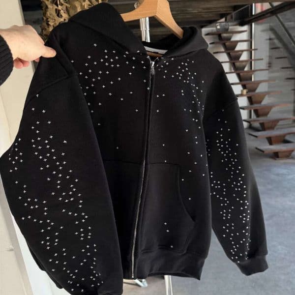 European and American Cross-Border Gothic Star Rhinestone Hoodie Zipper Design High Street Trend Loose Unisex Sweatshirt