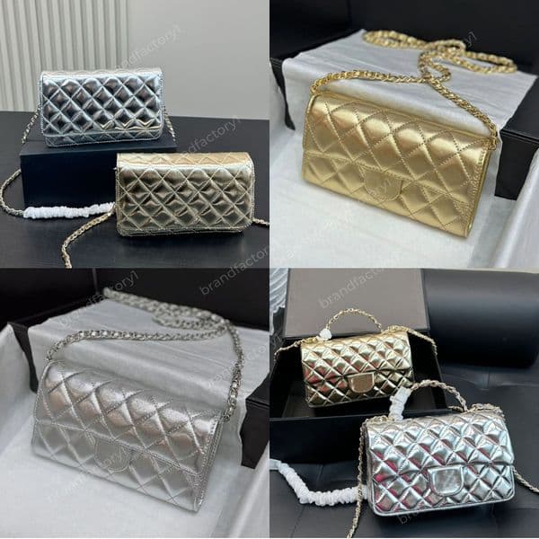 Designer diamond-shaped shoulder chain shiny gold bag silver clutch flap handbag sheep leather granular embossed flip cover card bag wallet crossbody bag