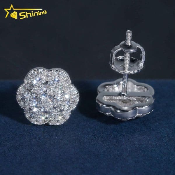 18K Gold Plated Flower Earrings Hip Hop Jewelry 925 Sterling Silver Cluster Moissanite Ear Studs Screw Back Pass Diamond Tester