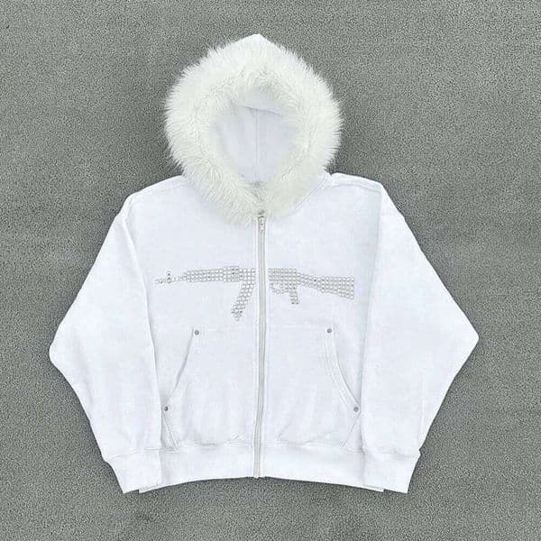 Zhehan Winter Fashion Streetwear Women's White Faux Fur Hooded Jacket With Sequin Gun Print Trendy Y2K Edgy Zip-Up Sweatshirt 2025 New