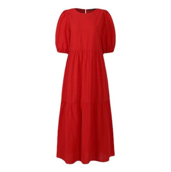 (1146) New Fashionable Loose Solid Color Puff Sleeve Swing Long Dress