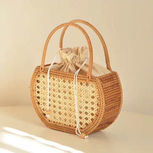 Vietnam Pure Handmade Outing Picnic Basket Hand-woven Rattan Handbags Trendy Boho Style Picnic Travel Clutch Bags 260114