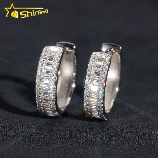 GRA Certificate New Style Iced Out Baguette Diamond 925 Sterling Silver Hip Hop Moissanite Hoop Earrings