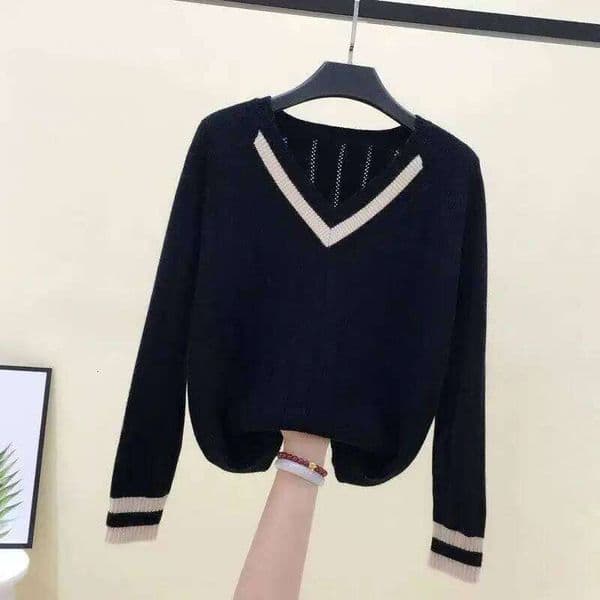 Woman Clothes Black V Neck Sweater Contrast Color Trim on Collar Cuffs Ideal for Casual Outings Office Days Trendy Layering