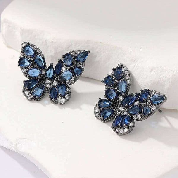 Exquisite Sparking Inlaid Blue Synthetic Zirconia Butterfly Shaped Stud Earrings for Women's Fashion Elegant Jewelry Accessories