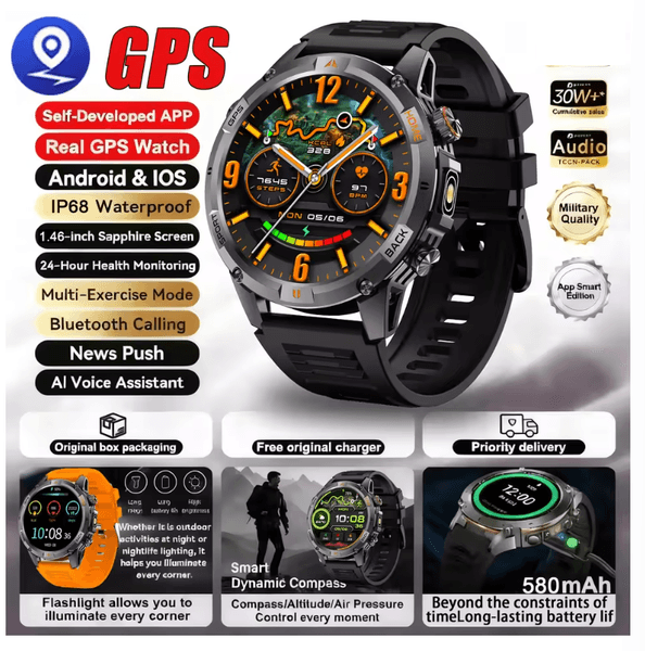 GPS Smart Watch Compass BT Call 580mAh Battery 5ATM Waterproof Sports Bracelet 1.46" AMOLED Screen Smartwatch Men