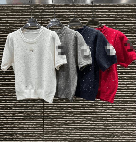 26 Women's T-shirt Heavy duty rhinestone sleeves Embroidered woolen short sleeves Simple 1-19