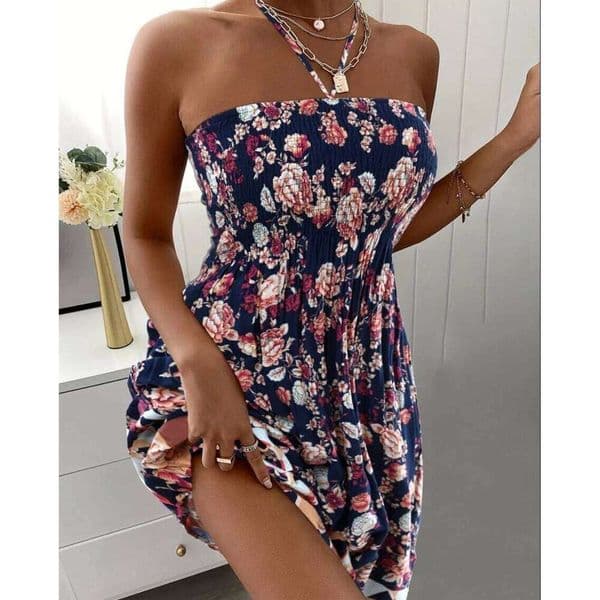 Floral Print Halter Neck Dress, Vacation Style Shirred Bust Dress For Spring & Summer, Women's Clothing