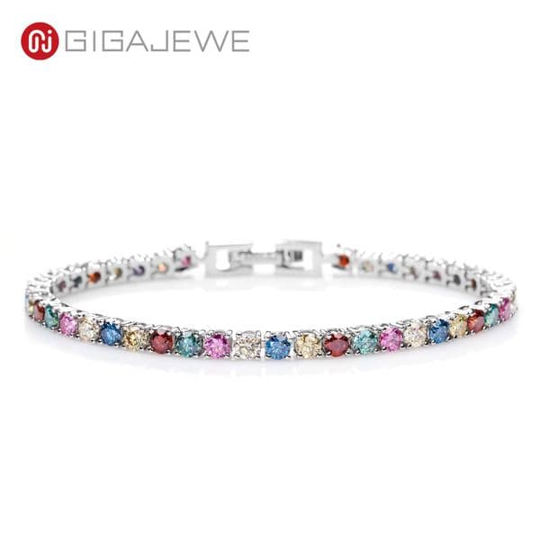 GIGAJEWE 3mm rainbow Color Round Cut White Gold Plated 925 Silver Moissanite Tennis Bracelet