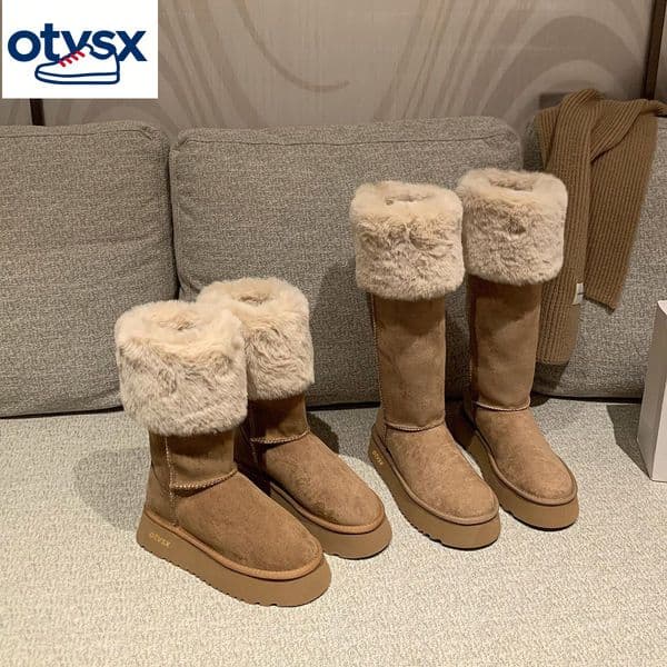 Furry Boots Thick Sole Two Way Snow Boots for Women New Style Northeast Thickened Fleece Cotton Shoes Over the Knee Long Boots