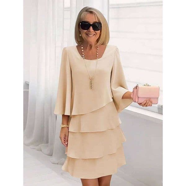 Women's Fashion Cake Skirt 3/4 Bell Sleeve Crewneck Tiered Layered Flowy Dress Party Wedding Outfits