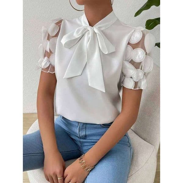 Blouses for Women Trendy Round Mesh Patchwork Blouse with Neck Tie Short Sleeve Tops T-shirts