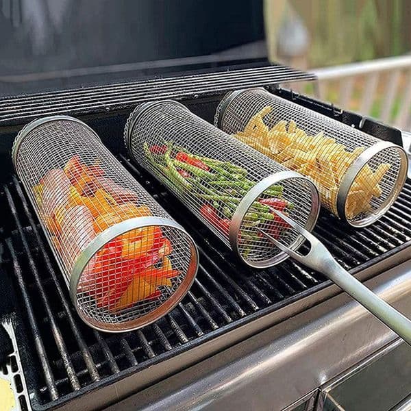 Stainless Steel Barbecue Cooking Grill Grate Mesh Rotation Cylinder Cage Camping Picnic Cookware Outdoor Round BBQ Net Tube Campfire Grill Rolling Basket W0137