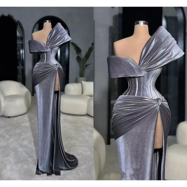 Prom Dresses Mermaid Grey Velvet Formal Dubai Saudi Arabic Evening Party Gowns Corset Pleats With Side Slit Special Occasion Dress Plus Size Custom