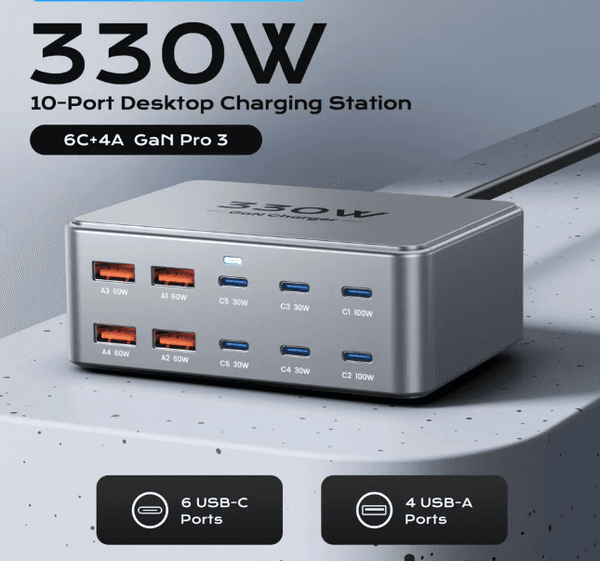 330W USB C GaN Charger 100W PD3.0 PPS QC3.0 Multiport Fast Charging Station For Laptop iPhone 15 16 Samsung Macbook Pro Tablet