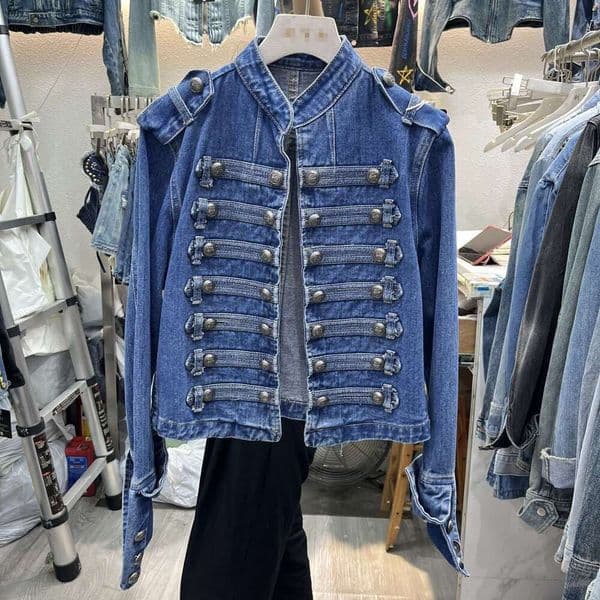 European Vintage Court Style Button Decorated Long Sleeve Top 2026 Spring and Autumn Fashion Stand Collar Denim Short Jacket