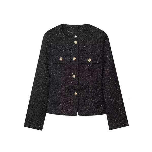 HH Autumn Women Casual Metal Buttons Sequin Coat Long Sleeve O Neck Single Breasted Belt Jacket Fashion High Street Chic Outwear