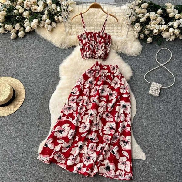 2026 Holiday Floral Print Two Pieces Suits Zipper Design Slim Tank Top+ A Line Long Skirt Vintage Bohemian Beach Sets