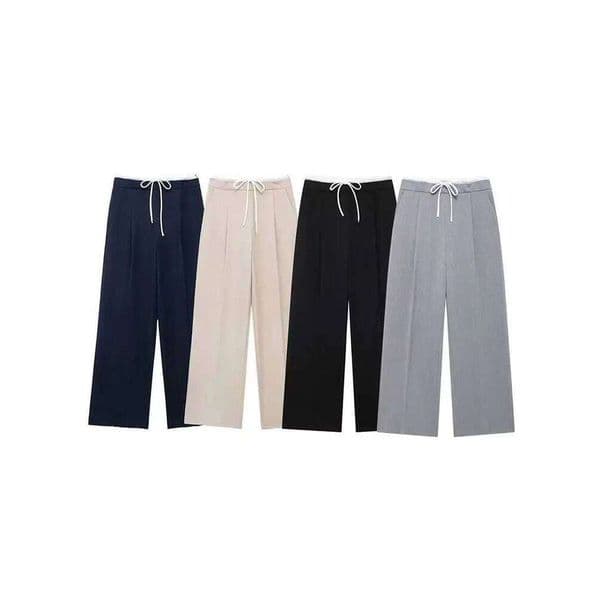 HH Female 2024 Summer Fashion Versatile Straight Pants Drawstring Double Layer Waist Commuter Elegant Wide Leg Trousers