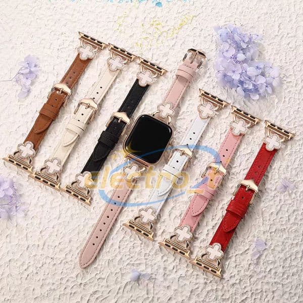 Leather Bands for Apple Watch Band 38 40 41 42 44 45 46 49 mm Bling Clover Strap Wristband for iWatch Series 11 10 9 8 7 6 5 4 SE Ultra 2 3 smartwatch Diamond Women Watchband