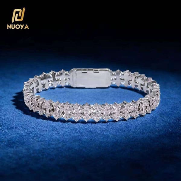 NUOYA 8MM Chain VVS Moissanite Hip Hop 925 Silver Cross Cuban Bracelet for Men and Women