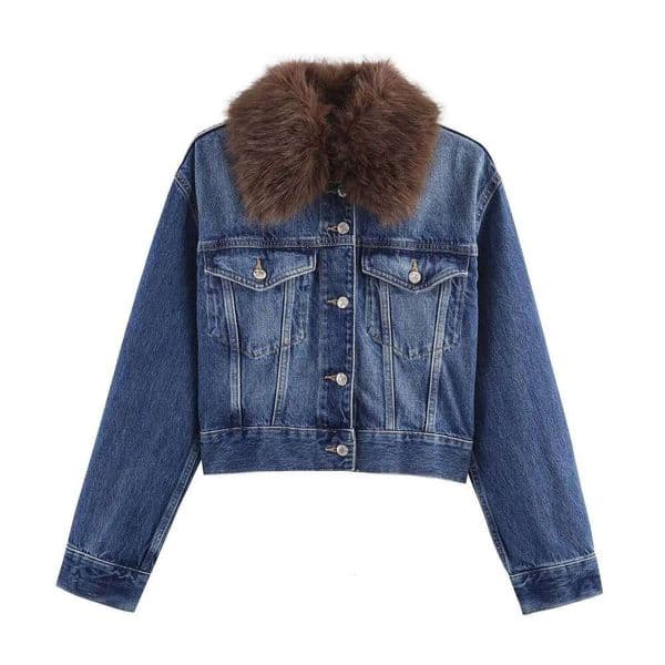 2025 Autumn New Product Women's Casual Fashion Simple Collar Long Sleeve Short Artificial Fur Cowboy Jacket Coat