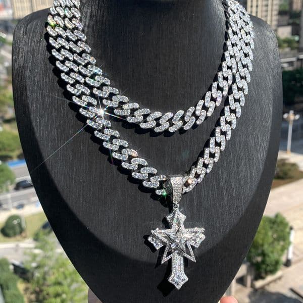 New Hip Hop Rotating Pentagram Pendant Vintage Cross Zircon Cuban Chain Personalized Necklace Jewelry Premium Gift