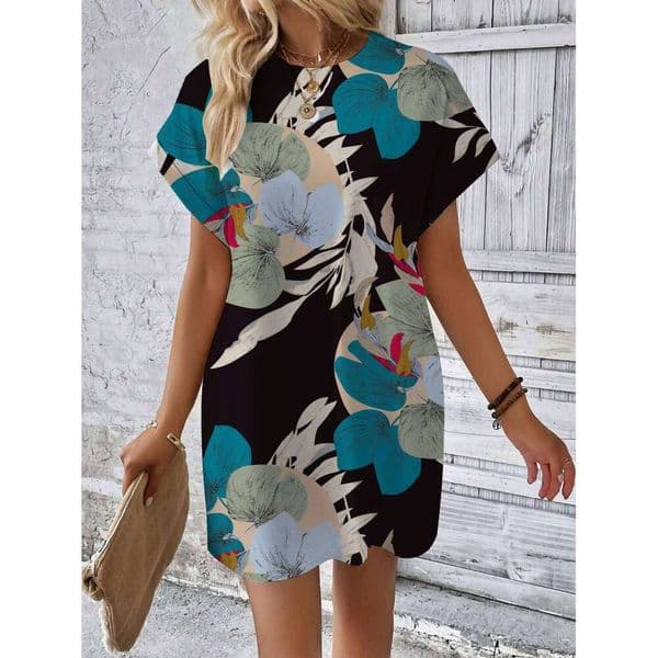 Women's Floral Print Batwing Dress, Casual Fashion Round Neck Short Sleeve Dress for Daily Holiday Vacation Wear, Ladies