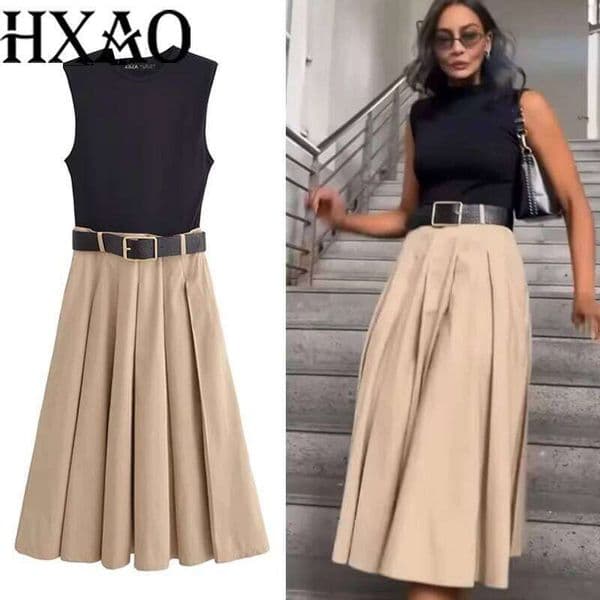 HXAO Womens 2025 Sleeveless Patchwork Long Dress Summer Pleated Elegant Party Belted Casual Midi Dresses 088