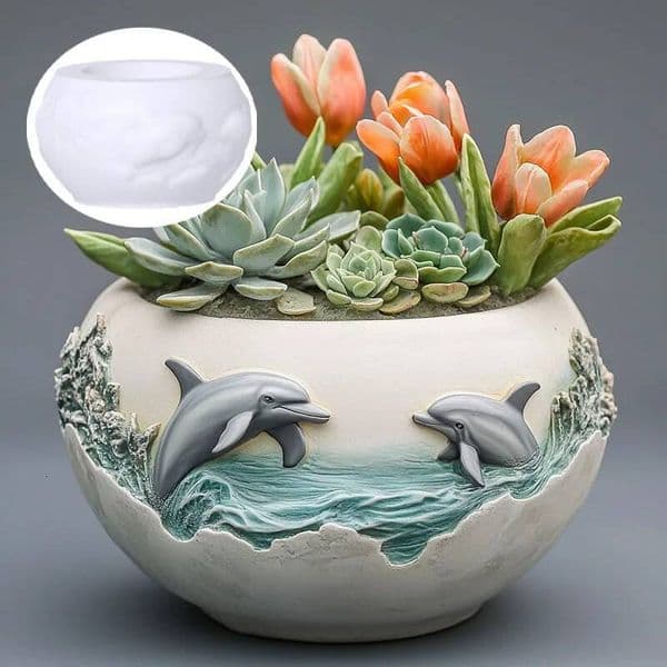 Valentine's Day Couple relief succulent plant flowerpot resin silicone ocean wave animal dolphin storage box candle cup gypsum mold ddmySat