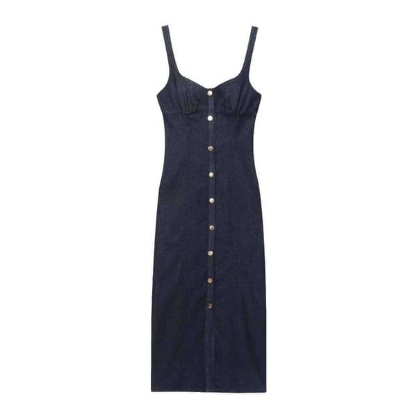 2025 new summer women's casual fashion slim fit simple button tube top denim suspenders mid-length dress