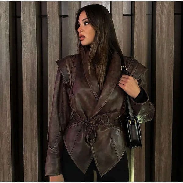 In Stock - European and American Cross-Border Spring Women's Elegant V-Neck Slim Fit Patchwork Solid Color Faux Leather Jacket Coat