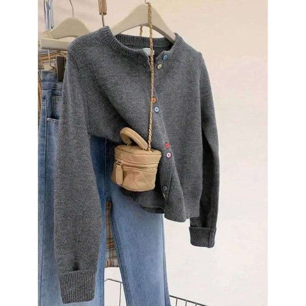 Design Crash Colour Buttons Temperament Versatile Knitting Sweater Cardigan Jacket Small Round Collar Simple