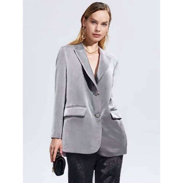 HH 2025 Women's Spring Street Casual Blazer Solid Long Sleeves Lapel Metallic Glossy Fake Pocket Single Breasted Retro Coats