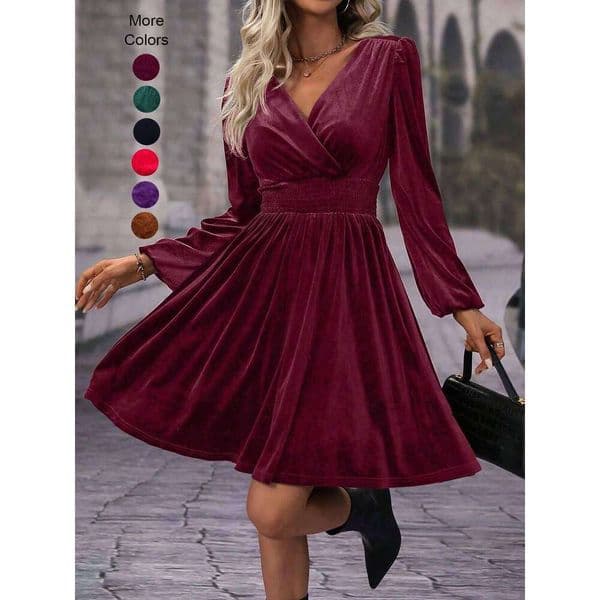 Women's Velvet Party Dress, Waist-Cut Lantern Sleeve Slimming Design, Thick Autumn Winter Holiday Gathering Old Money Outfits