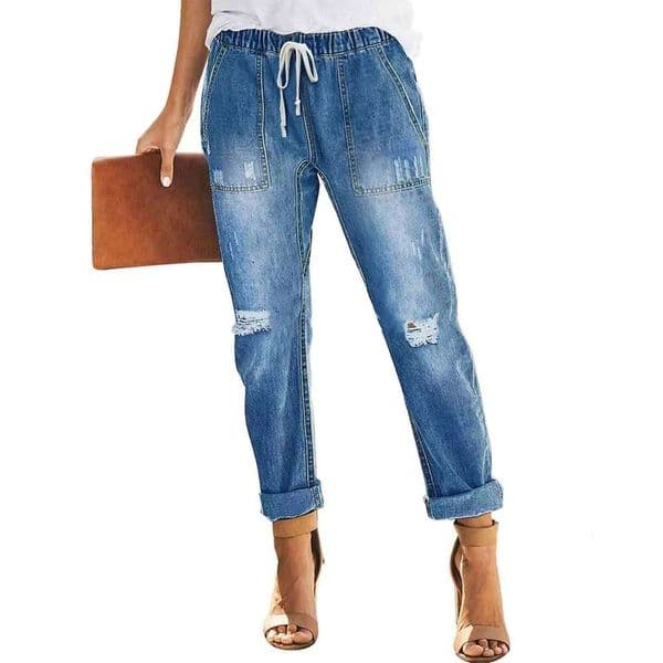 Women's tapered jeans with drawstring elastic waist denim pants