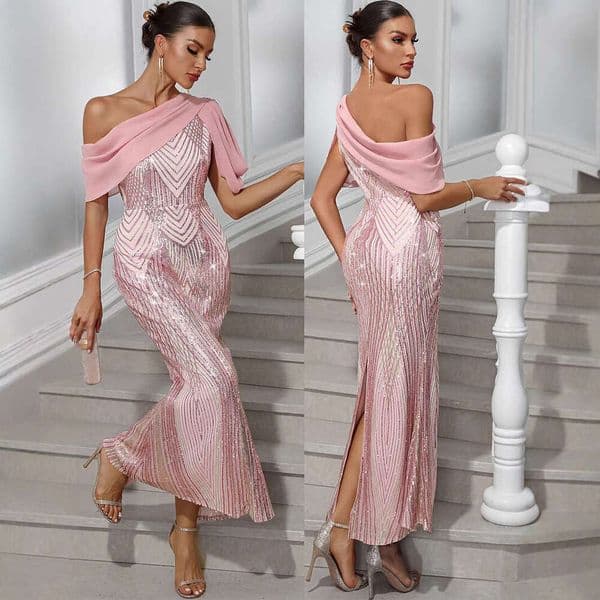 European and American Foreign Trade Cross-Border Women's Fashion Sexy One-Shoulder Chiffon Patchwork Sequin Dress Evening Gown