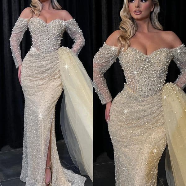Sparkly Evening Dresses For Women Off Shoulder Long Sleeves Gown Sequins Beaded Split Side Sweep Train Dress Party Customized Dress