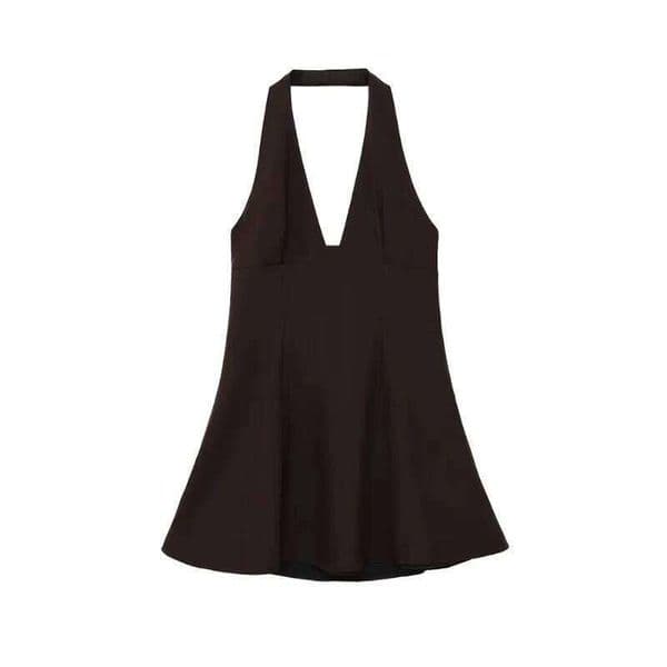 Women's V-neck Sexy Brown Halter Dress Backless Side Zipper Fashion Female Vestidos Solid Color Sleeveless Mujer