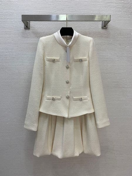 2026 Spring Ivory Solid Color Tweed Panelled Dress Long Sleeve Stand Neck Buttons Single-Breasted Casual Dresses WS6J22 Check Size Chart Please