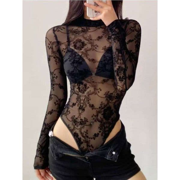 Black Base Shirt for Women 2026 New Plush Printed Mesh Sexy Nightclub Girl Half High Neck Jumpsuit Long Sleeved