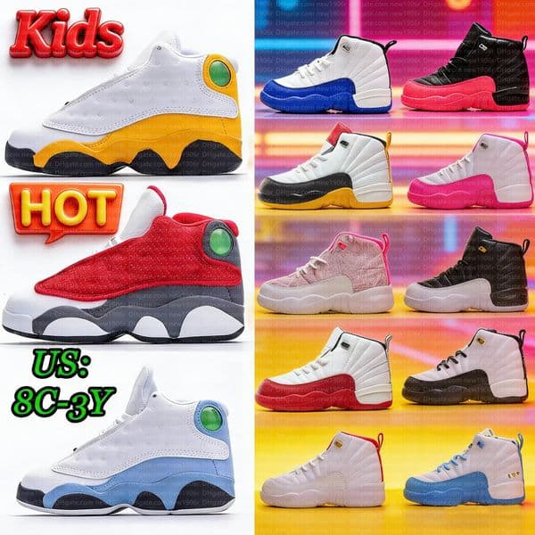 with box 2026 Kids shoes 12 13 Basketball shoes Toddler 12s 13s Sneakers Children running shoes print BLACK white cool grey cherry Infant Boys Girls Baby Trainers