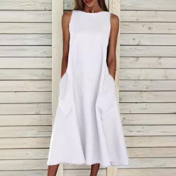 (2) European and American Style Round Neck Sleeveless Double Pocket Long Dress
