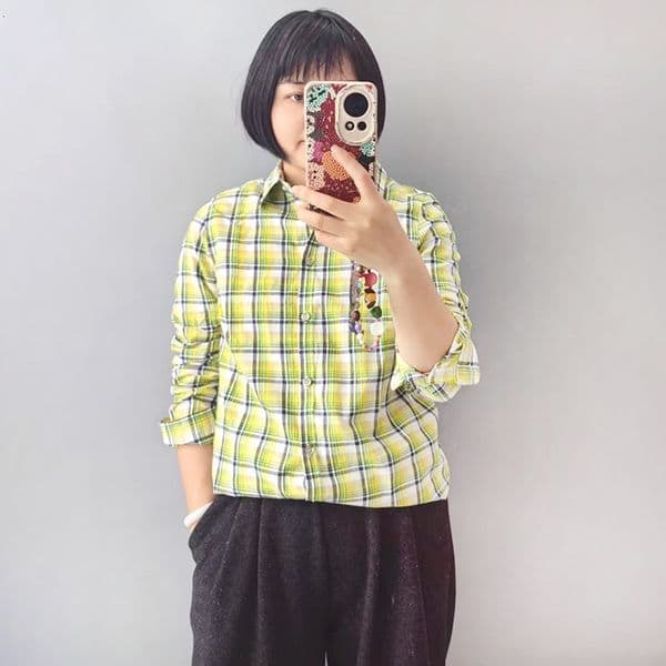 Spring New Cotton Top Women's Trendy Casual Long Sleeve Jacket Lemon Yellow All-Cotton Plaid Shirt