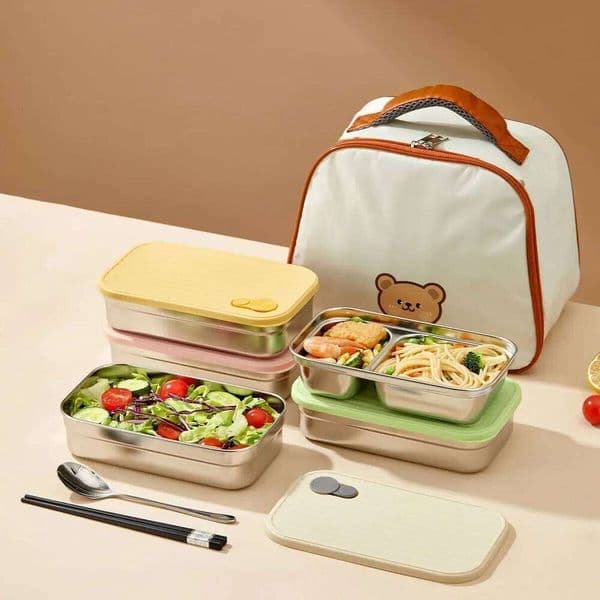 1/2 Compartment Rectangular Bento Box For Kids Students Outdoor Portable Sealed 304 Stainless Steel Lunch Container 26H0123